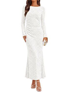 Women's White Long Sleeve Bodycon Fall Wedding Guest Formal Floral Maxi Dresses